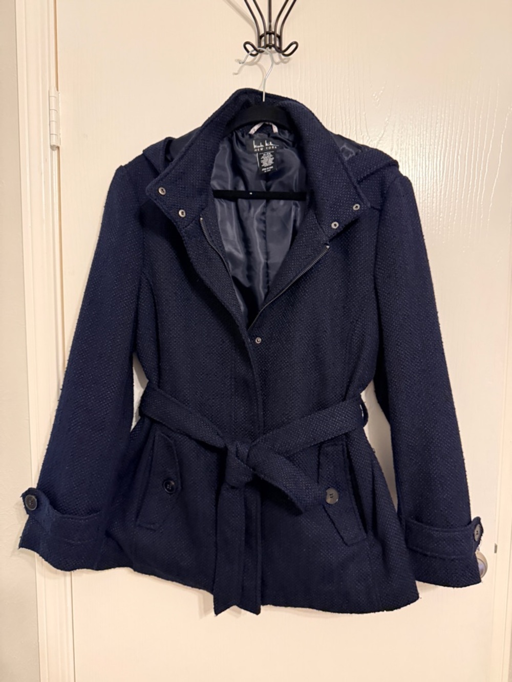 Textured Navy Hooded Belted Trench Coat